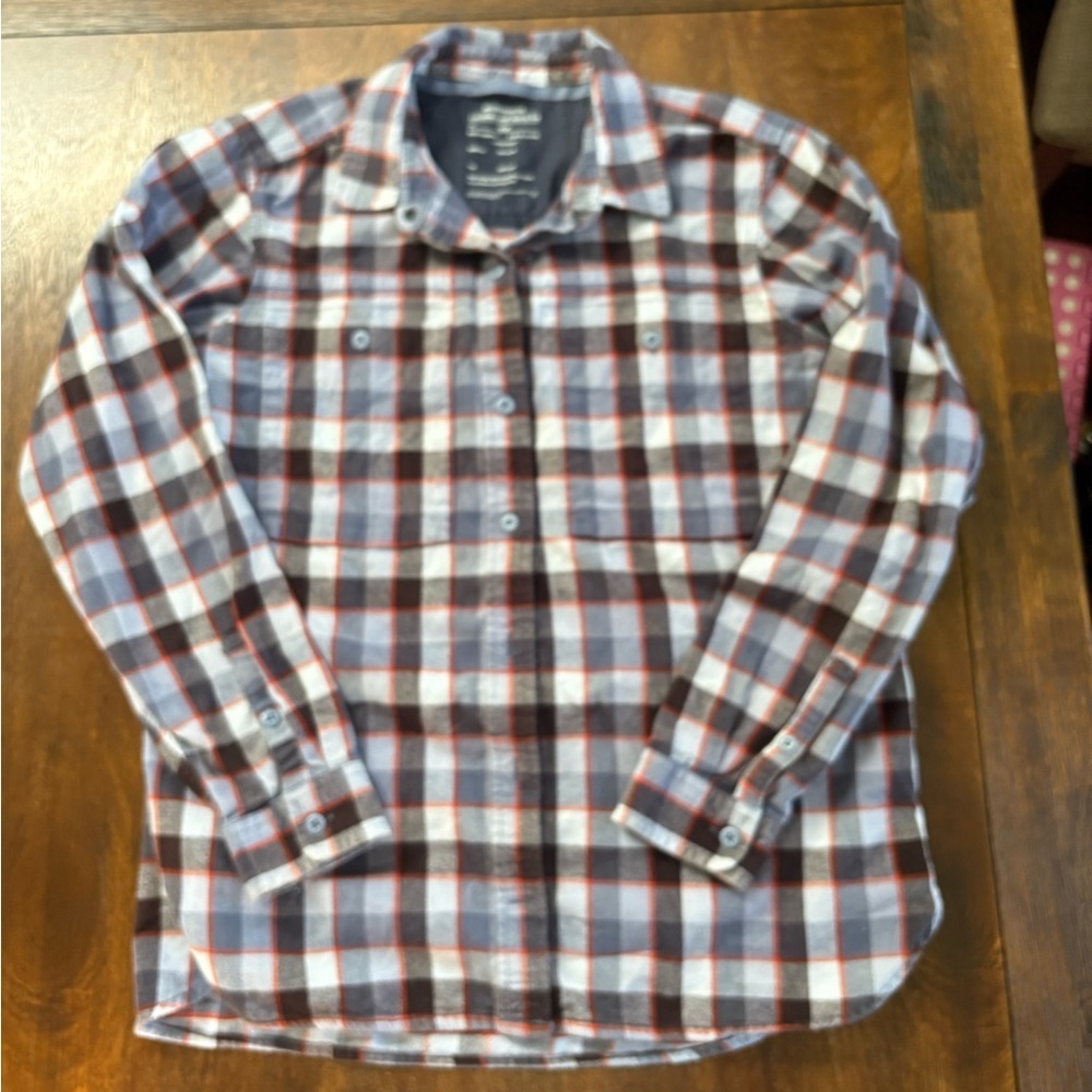 REI Co Op Blue Plaid Flannel LS Shirt Cotton Outdoor Nature Hiking Women Large - Picture 3 of 12